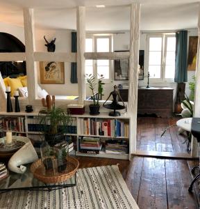 - un salon avec un lit et une étagère dans l'établissement Quai 17 Maison d'hôtes, à Strasbourg