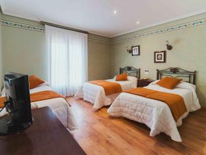 a bedroom with two beds and a flat screen tv at Hotel Doña Carmen in Tordesillas