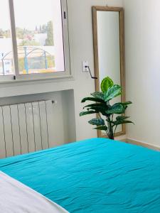 a bedroom with a bed with blue sheets and a plant at Chez Stoupha in Dar Salah Bey