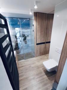 a bathroom with a toilet and a glass shower at Apart House by Gardenia in Dziwnów