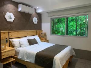 a bedroom with a large bed and a window at ARANJUEZ LOFTS Santa Ana in Santa Ana