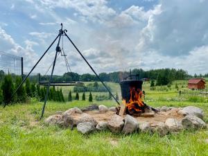 a fire pit in a field with rocks at Domek z basenem na Mazurach in Giże