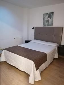 - une chambre avec un grand lit et une couverture brune dans l'établissement Hostal Adelia, à La Corogne