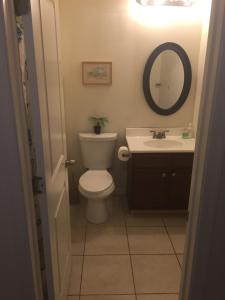 
a bathroom with a toilet, sink, and mirror at Cozy bedrooms at University City in Philadelphia in Philadelphia
