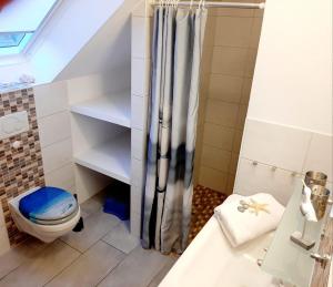 a bathroom with a toilet and a shower curtain at STHS79005-FeWo-Meerruschen in Meeschendorf