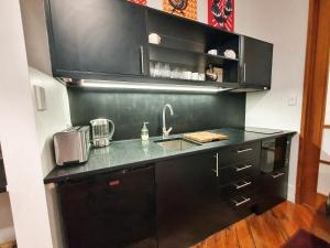 una cocina con armarios negros y fregadero en Heritage 313 Auckland, en Auckland