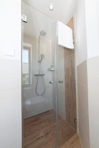 ビンツにあるHaus Verando - Apartment Meeresrauschen IIのバスルーム(ガラスドア付きのシャワー付)
