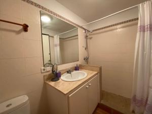 ein Badezimmer mit einem Waschbecken, einem Spiegel und einem WC in der Unterkunft ES BERRY 3 by SOM Menorca in Fornells