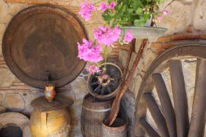 a group of flowers in barrels next to a wall at B&B La Vigna in Lamezia Terme