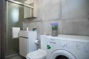 a bathroom with a washing machine and a toilet at Agia Thekla Villa Ekaterina 4 bdrm in Ayia Napa
