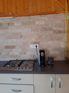 a kitchen counter with a stove top oven next to a wall at VILA IRINA in Mangalia
