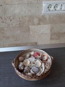 un tazón de conchas sentado en una mesa en VILA IRINA, en Mangalia