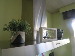 a shelf with a vase and a clock and a plant at CHALET MAAIKE in Durbuy