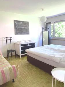 um quarto com uma cama, uma secretária e uma cadeira em Charmantes Apartment em Berna
