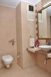 een badkamer met een toilet, een wastafel en een spiegel bij Blue Country Resort in Panchgani