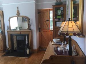 a living room with a lamp and a fireplace at The Sands B&B Rostrevor in Rostrevor