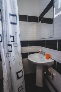 een badkamer met een wastafel en een spiegel bij La Pădure Pensiune-Restaurant in Novaci-Străini