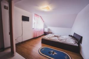 1 dormitorio con cama y alfombra azul en el suelo en La Pădure Pensiune-Restaurant, en Novaci-Străini
