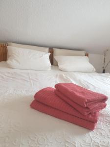 a white bed with a red towel on it at Apartment am Stadtsee in Mölln