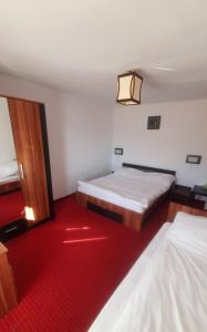 ルンカにあるCasa de Vacanta Marjacuのレッドカーペット敷きの部屋 ベッド2台