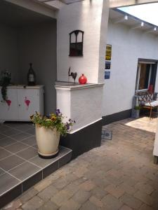 a patio with a pot of flowers in a building at Ferienhaus Sabine in Birkenheide