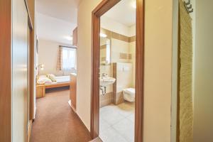 a bathroom with a sink and a toilet and a mirror at Pension Adrie in Janske Lazne