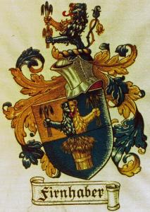 Un bordado de un escudo con un hombre en él. en Ferienwohnung Firnhaber - Nieder Seifersdorf Oberlausitz, en Nieder Seifersdorf