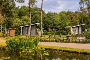 une maison dans un jardin avec un étang dans l'établissement Bospark Markelo, à Markelo