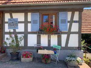 a house with a window with flowers on it at Chambres d'hôtes "La Bouill'hôte" in Langensoultzbach