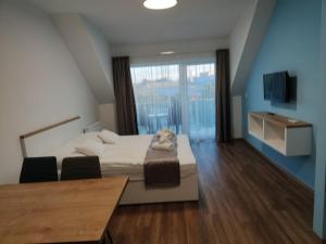 1 dormitorio con cama y ventana grande en Androméda Apartman, en Sárvár