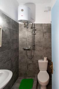 a bathroom with a toilet and a sink and a shower at Galaxy Hotel in Gavrio