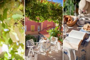 three pictures of a table with a book and a basket of food at Hotel Mimosa in Alassio