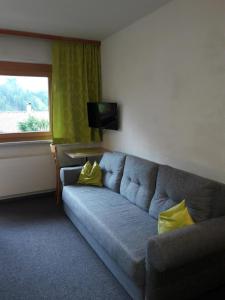 ein Wohnzimmer mit einem Sofa und einem Fenster in der Unterkunft Haus Lifinar - Carmen Juen in Sankt Gallenkirch