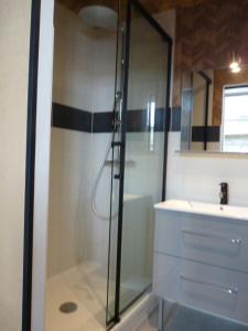 uma casa de banho com uma cabina de duche em vidro e um lavatório. em Le Port Malo em Saint Malo