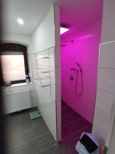 a pink bathroom with a shower and a window at Im Herzen des Kraichgaus 1 in Östringen