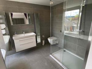 ein Badezimmer mit Dusche, Waschbecken und Toilette in der Unterkunft Bath Roof Terrace Apartment, City Centre, Sleeps up to 8 in Bath + 22 Fotos