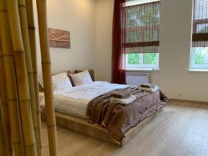 a bedroom with a bed and two windows at Villa Ventus in Liepāja