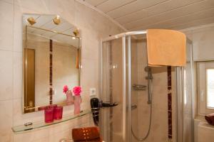un baño con ducha y espejo en Haus Niederegger, en Finkenberg 34 fotos más