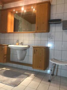 uma casa de banho com um lavatório e um espelho em Ferienwohnung Peschl Langdorf Bayerischer Wald em Langdorf