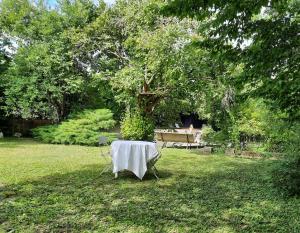 a table with a white table cloth sitting in a yard at La Cabane de Troyes - Chambre d'hôtes in Troyes