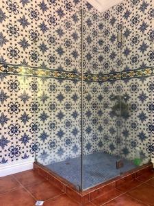 a shower in a room with blue and white tiles at La VIGIE de CASTELROCK ( Casa Petunia ) in Mosteiros