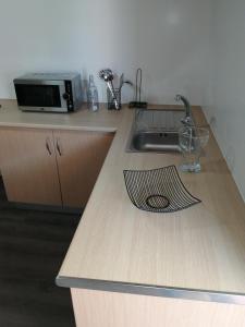 a kitchen counter with a sink and a microwave at Apartamento A Fabrica in Santiago de Compostela
