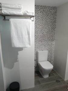 uma casa de banho com WC e toalhas numa prateleira em Apartamento A Fabrica em Santiago de Compostela