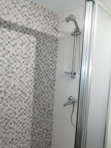 eine Dusche im Bad mit Glastür in der Unterkunft Apartamento A Fabrica in Santiago de Compostela