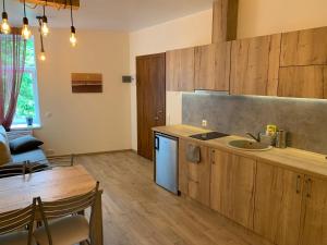 a kitchen with wooden cabinets and a sink and a table at Villa Ventus in Liepāja