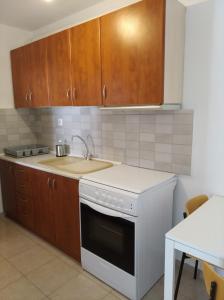 a kitchen with a white stove and a sink at The Garden Studio in Kriopigi