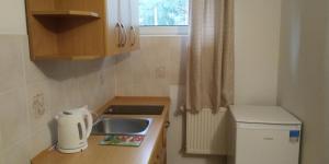 a small kitchen with a sink and a window at Dom Gościnny Przy Lesie in Pobierowo