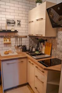 uma cozinha com armários brancos e um forno com placa de fogão em Willa Mnich em Bukowina Tatrzańska