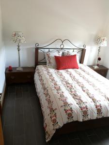 a bedroom with a bed with a red pillow and two lamps at Encosta do Douro - Rio Douro in Cinfães