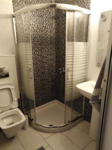 a bathroom with a shower with a toilet and a sink at petros house in Sarti